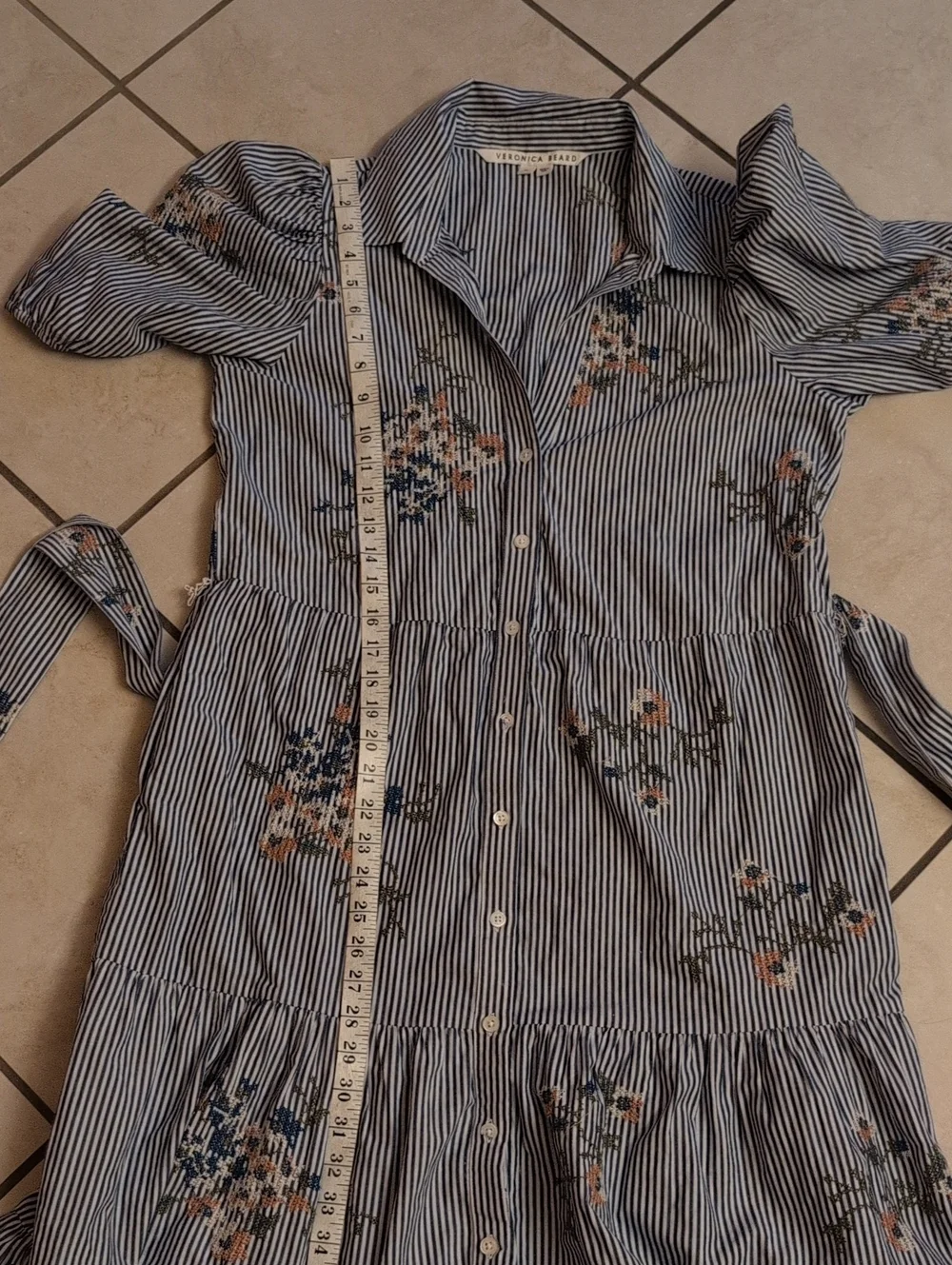 Veronica Beard Cotton Midi Dress Striped Floral Buttondown Short Puff Sleeve